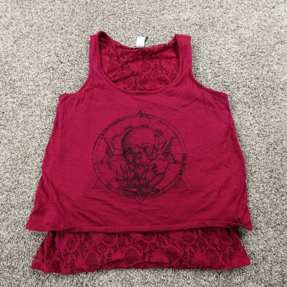 Hot Topic Tank Top Womens XS Red Floral Lace Skull Moon Shirt‎ Gothic Grunge Y2K